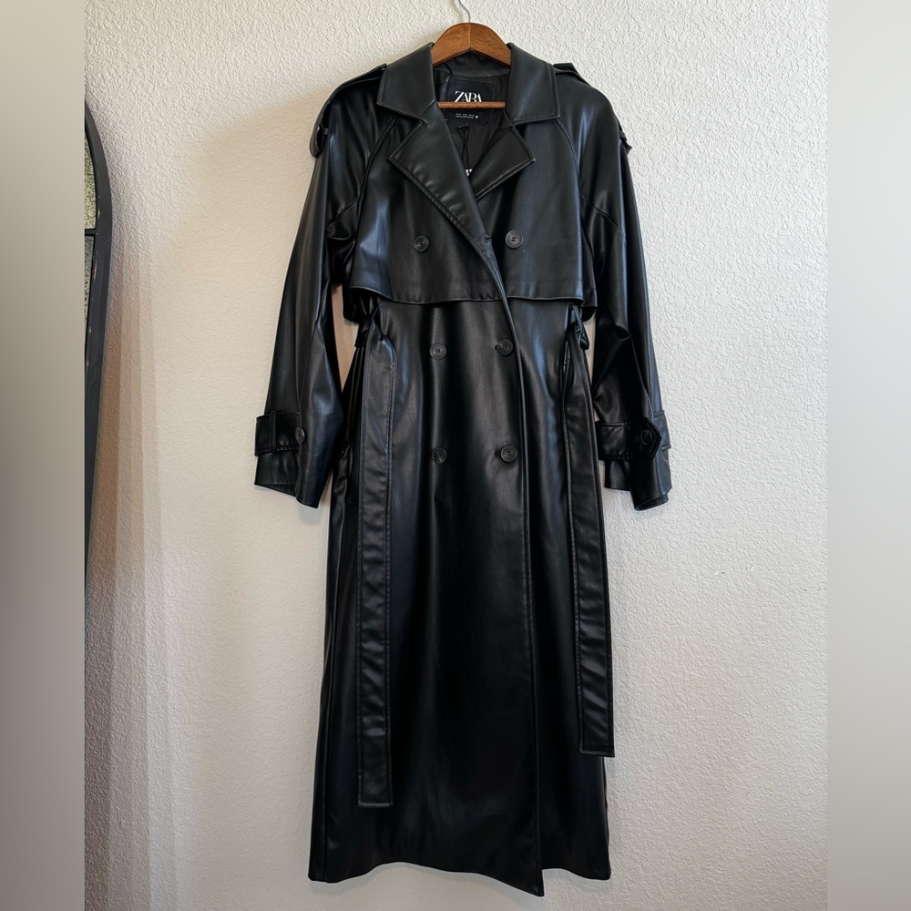 Zara Black Faux Leather Trench Coat